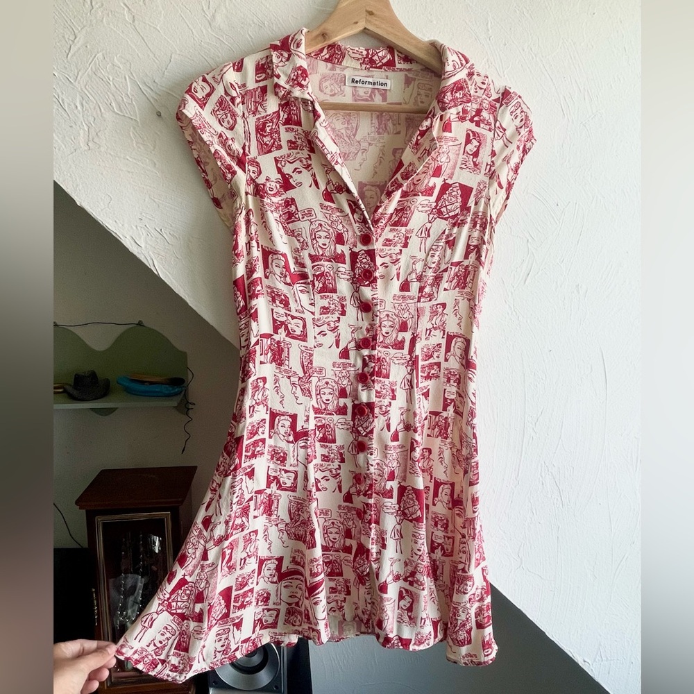 Reformation Comic Red and Cream Mini Dress | Size 0